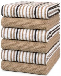 6 Pack Large Kitchen Towel Set / 16” x 26” / 3 Popcorn Stripe Design + 3 Solid Color/Yarn Dyed Cotton Hand Towels/Coordinating Tea Towel Sets Soft (TAN)