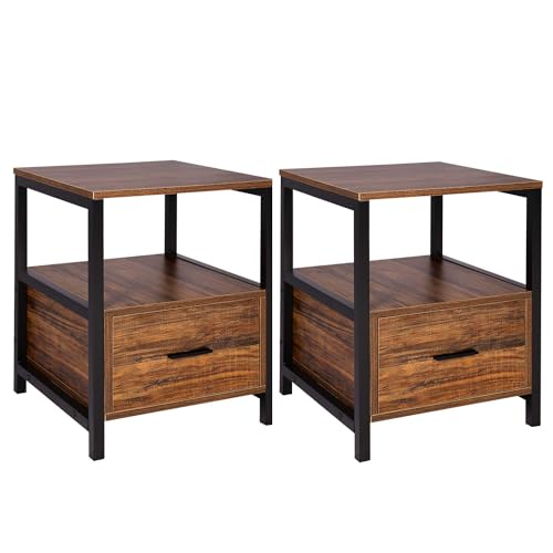 VECELO Square End, Side Table for Bedroom, Living Room, Small Space, Night Stand with Open Shelf, Stable Metal Frame, Engineered Wood, Umber Brown