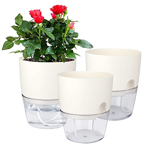 Vanston 6 Inch Self Watering Planters Plastic Flower pots Modern Decorative for Indoor Plants -White 3 Pack