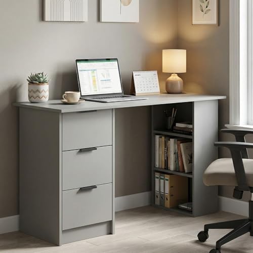 Home Source Phoenix 3 Drawer Computer Desk, Home Office, 120W x 49D x 72H cm, Grey or White, Particleboard and MDF, Scratch-Resistant