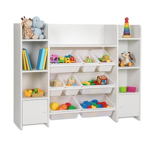 Relaxdays children's bookcase, 8 boxes, MDF, kids' room storage, toy storage, HWD: 94.5x138.5x29.5 cm, white.