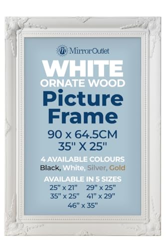 "MirrorOutlet The Antiquitus - Ornate Swept White Picture Frame 35"" X 25"" (90CM X 64.5CM) Wooden Frame with Glass and Backing Board Fitted. Ready To Fit Your Picture!"