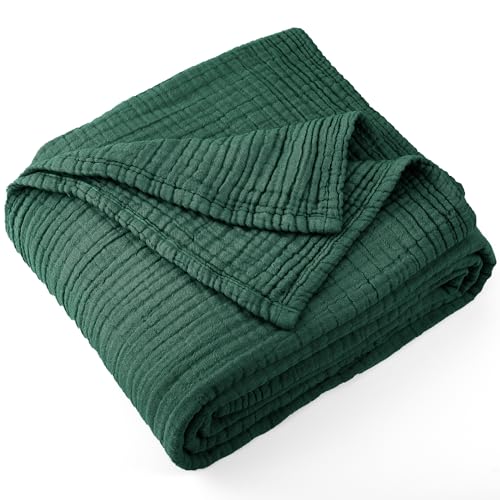 Carriediosa 100% Cotton Muslin Throw Blanket 66 x 90 Summer Gauze for Adult - 4-Layers Twin XL Throws for Bed Sofa Couch, Soft Lightweight Breathable Linen Blankets Bedspread All Season, Dark Green