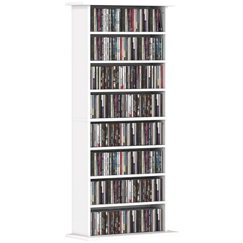 HOMCOM 360 CD/185 DVD Storage Unit, 185 Blu-ray Media Storage Shelf with 8 Compartments and 6 Adjustable Shelves, CD Tower for Living Room, Bedroom, Office, White