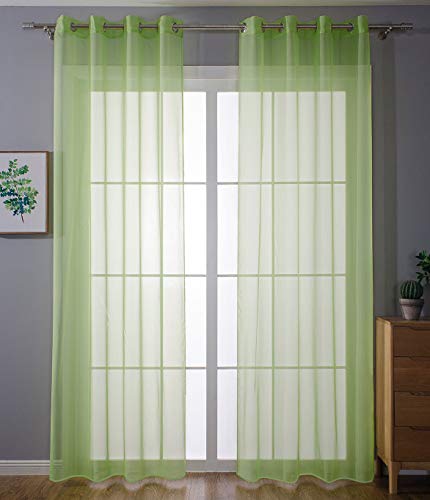 Gardinenbox Pack of 2 Eyelet Curtains Transparent Curtain Set Living Room Voile Eyelet Curtain Lead Tape Closure 100% Polyester Apple Green H x W 175 x 140 cm