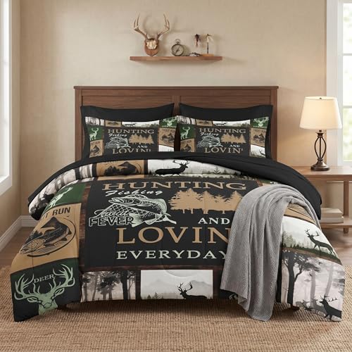 WeCozy 7 Pcs King Size Comforter Set with 2 Pillowcases & 2 Shams, Deer Animal Tree Bedding Set for Kids and Adults, Retro Mountains Gray Bed in a Bag with Flat Sheet and Fitted Sheet