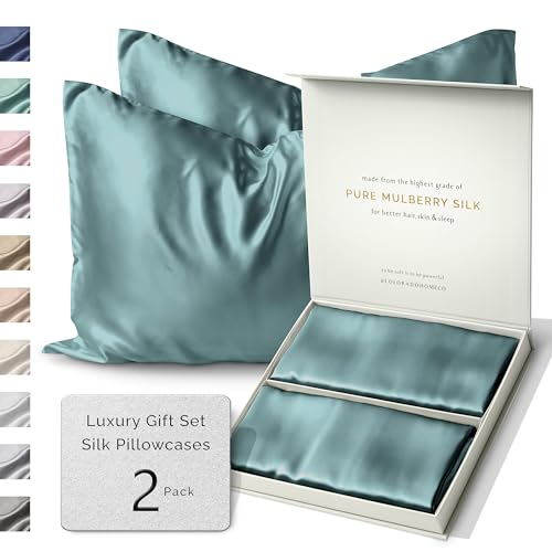Colorado Home Co 22 Momme Real Silk Pillowcase for Hair and Skin King Size 2 Pack, King Silk Pillowcase Set of 2, 100% Mulberry Silk Pillowcase Set of 2, Mineral Blue King Silk Pillow Cases, Zipper