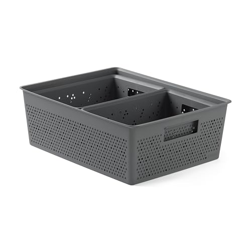 TATAY Plastic Storage Baskets Bohol - Set of 3 Organiser Boxes - Optimal Ventilation - Stackable Modular System - Integrated Handles - BPA-Free Recycled Plastic - 30x39x13.5 cm, Grey