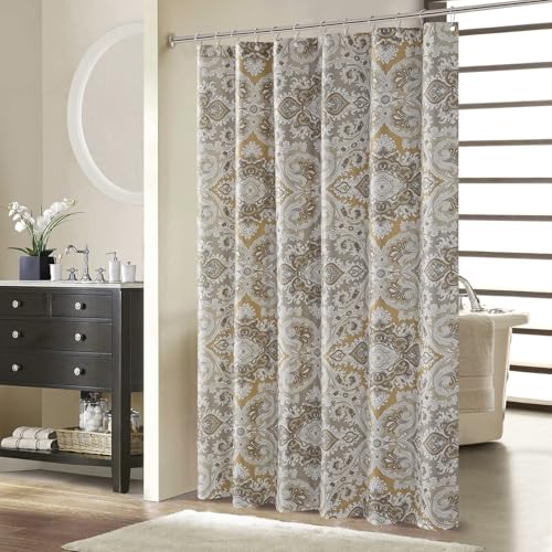 "BESTRIPES Extra Long Fabric Shower Curtain, Beige Grey Blue Printed Boho Paisley Damask Pattern Shower Curtains for Bathroom, Waterproof Bathroom Curtains, 72"" W x 84"" H"