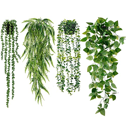 Sggvecsy Fake Hanging Plants 4 Pack Artificial Hanging Plants Fake Potted Greenery Faux Eucalyptus Vine String of Pearls Boston Fern Ivy Vine Leaves for Home Indoor Outdoor Shelf Wall Garden Decor