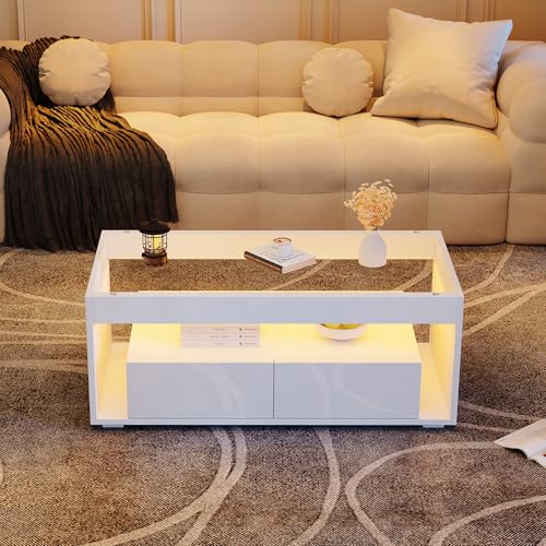 Ball & Cast High Gloss Coffee Table with Open Storage, LED lights, Centre Table with glass tabletop, Sofa Side Table with 2 drawers, Coffee End Table with LED for Living Room,100 x 50 x 40cm, White