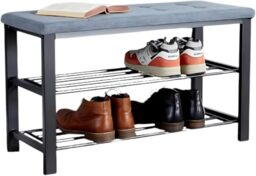 Home Source Shoe Storage Bench, 2 Open Shelves, Black Metal Frame, Bedroom Hallway Entryway Organiser, Shoe Rack Bench with Grey PU Leather Padded Seat
