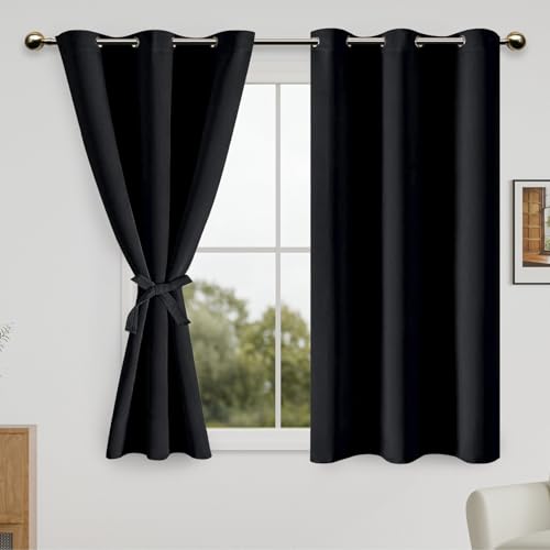 DWCN Black Blackout Curtains for Bedroom with Tiebacks - Thermal Insulated Light Blocking Grommet Window Curtains for Living Room, 38 x 45 inch Length, Set of 2 Panels