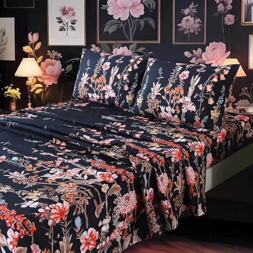 MAG 4Pcs Black Pink Floral Sheet Set,Floral Bedding Full,Full Size Bed Sheets Floral,Flower,Boho,Soft and Breathable,Wrinkle and Fade Resistant.