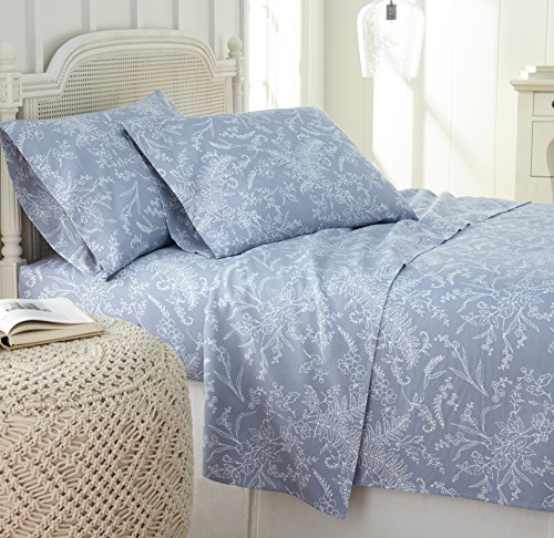 Southshore Fine Living, Inc. Winter Brush Flower Bed Sheets Set, 4-Piece, 15 Inch Deep Pocket Queen Sheets Set, Easy Care Microfiber, Oversized Flat Sheet, Floral Bedding, White Flowers, Blue