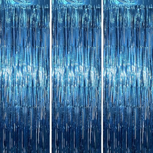 Voircoloria Retro Blue Foil Fringe Backdrop Curtains, 3.3x6.6ft, 3pcs - Tinsel Streamers, Birthday Party Decorations, Baby Shower, Gender Reveal, Graduation