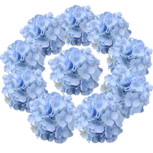 Flojery Silk Hydrangea Heads Artificial Flowers Heads for Home Wedding Decor,Pack of 10 (Blue)