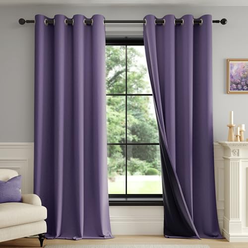 FMFUNCTEX 100% Blackout Purple Curtains 63 Inch Grommet Drapes 2 Panels - Black out Drapes, Thermal Insulated Noise Reducing, Textured Weave, Room Darkening, Window Curtain, for Living Room,Grommet