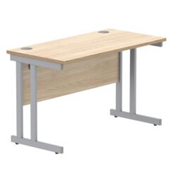 Office Hippo Essentials Rectangular Writing Computer Work Place, Home Office Desk With Cable Port Management, Silver Frame, Canadian Oak Top, Wood, 140x60cm