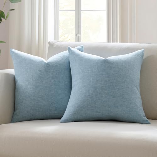 Meekio Set of 2 Light Blue Throw Pillow Covers 18x18, Coastal Linen Blend Decorative Pillow Covers for Couch Sofa Bed, Beach House Home Decor