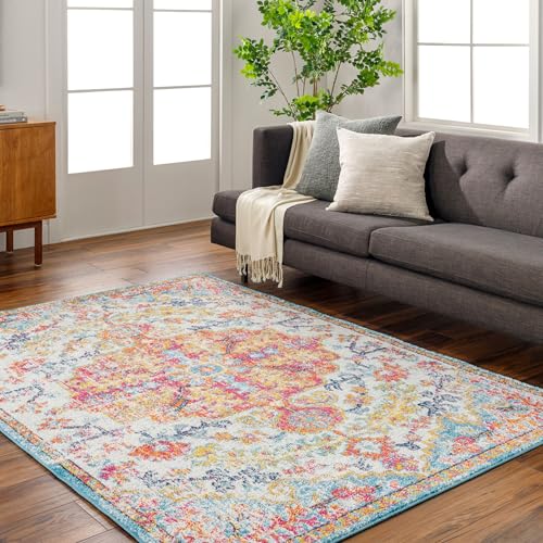Livabliss Lou Asmara Vintage Carpet 120x170 cm – Multicolour Boho Style for Living Room, Dining & Kitchen, Easy Care Floor Covering, Red Orange Teal Beige