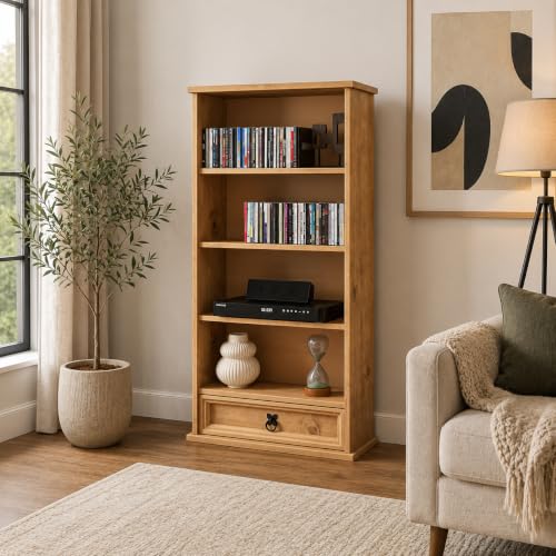Mews Corona 1 Drawer DVD/CD Rack Bookcase Storage Unit Mexican Style Solid Pine with Wax Finish