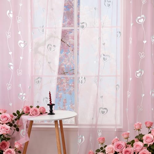 youleyar Valentine's Day Sheer Curtains, Love Heart Silver Foil Print Voile Sheer Curtains 2 Panels, Rod Pocket Window Treatment for Bedroom and Home Decor (Pink,52 W x 72 L)