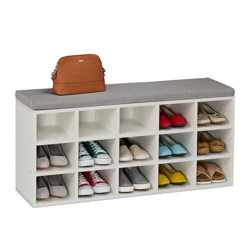Relaxdays Shoe Bench, Padded Seat, HWD: 48 x 105 x 30 cm, for Hallway, Wardrobe, Bedroom, Footwear Storage, White/Grey