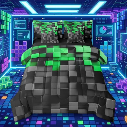 Pixelated Black Green 7 Piece Bedding Set Full Size,Geometric Check Video Games Bed in a Bag for Boys Girls,Gamepad Grid Comforter Set with Sheets,Pillowcases & Cushion Cover Microfiber Room Decor