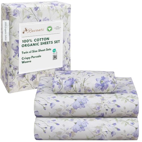 "RUVANTI 100% Organic Cotton Sheets Twin XL, Percale Weave, GOTS Certified, 3-Piece Set, Deep Pocket 15"", Crisp & Breathable, Soft Durable Bedding, S??banas Algod??n Org??nico ??? Heather"