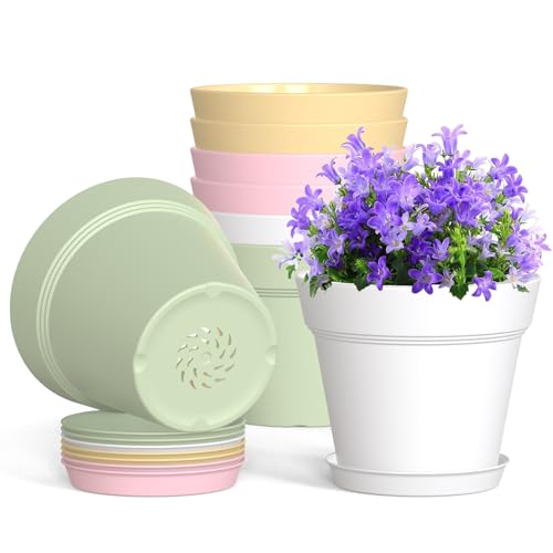 WSMKSZ 4 Inch Plastic Plant Pots with Drainage Holes and Trays ??? 8 Pack Small Nursery Pots for Indoor & Outdoor House Plants and Flowers, Seedling Starter Planters, Colorful