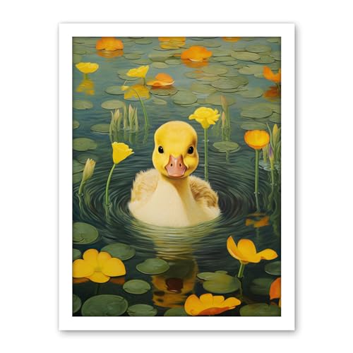 Artery8 Whirlpool Duckling Lily Pads and Flowers Kids Bedroom Nursery Artwork Framed Wall Art Print 18X24 Inch