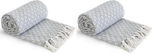 Emma Barclay Casablanca - Scandi Woven Recycled Cotton Chair Sofa Setee Bed Throw Over Blanket in Silver - 50x60 (127x152cm) (Pack of 2)