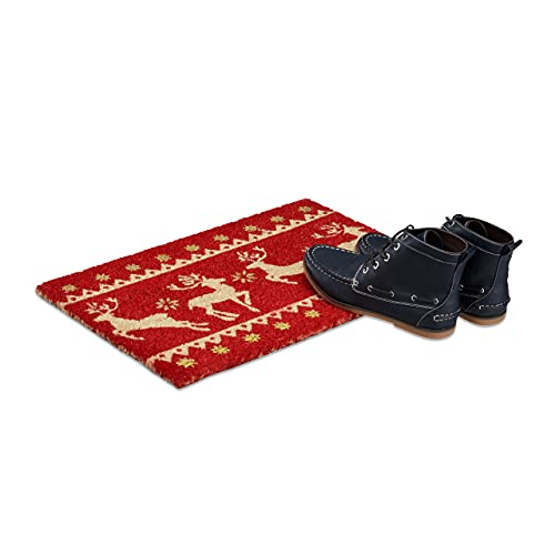 Relaxdays Christmas Coir Doormat, HxWxD: 1.5 x 60 x 40 cm, Reindeer, Stars, Glitter, Coconut Fibres, Rubber, Multicolour, 40 x 60 x 1.5 cm