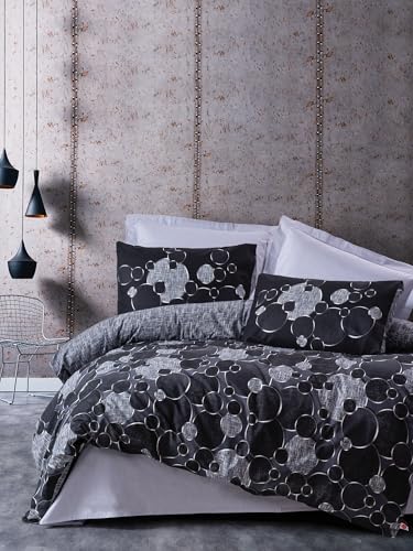 Nuit Des Rêves Premium Ranforce Double Quilt Cover Set (200 x 200 cm), 100% Cotton, Grey & Black, 2 Pillowcases (80 x 80 cm), Reactive Print, Machine Washable, Button Closure