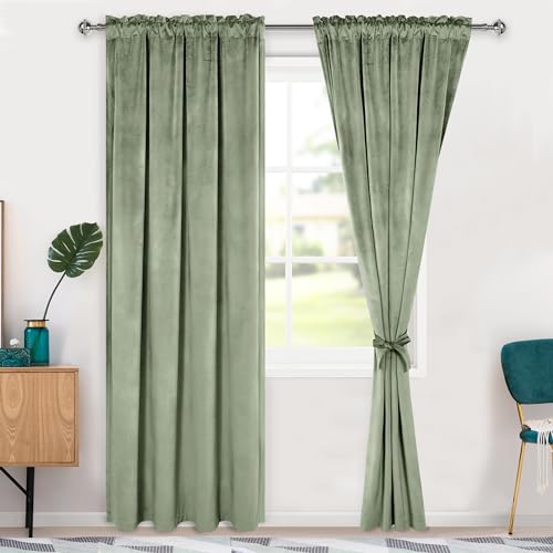 Hiasan Velvet Curtains 84 inches-Blackout Thermal Insulated Solid Soft Curtains for Bedroom Living Room Rod Pocket Room Darkening 2 Panels Window Drapes with Tiebacks, 42W x 84L, Sage Green