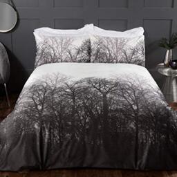 Sleepdown Forest Trees Serene Scene Printed Soft Cosy Velvet White Charcoal Grey Duvet Cover Quilt Bedding Set with Pillowcases - Double (200cm x 200cm)