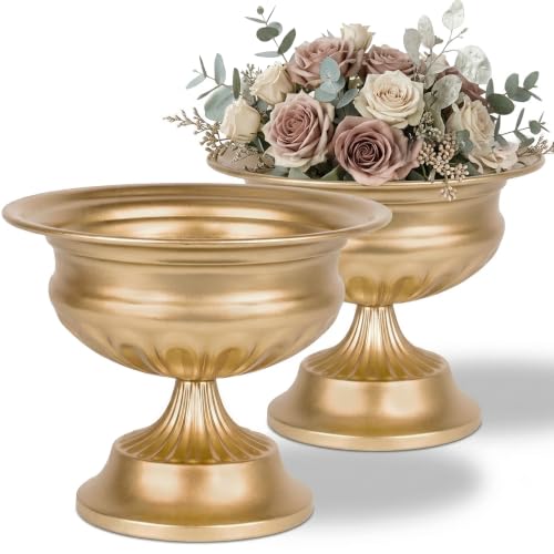 "WORTH Small Urn Vases for Centerpieces Set of 2, Classic Metal Trumpet Flower Pots for Table, Bowl Vase for Wedding Party Event Home Deco (Golden, 7.8"" Dia x 6.1"" H)"
