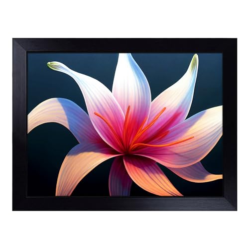 Lap Tray with Bean Bag Cushion, Futuristic Lily Flower - Handmade in the UK, Raised Wooden Edge, Padded Cushion, Heat-Resistant Wipe-Clean Surface, for Meals, Laptops and Crafts