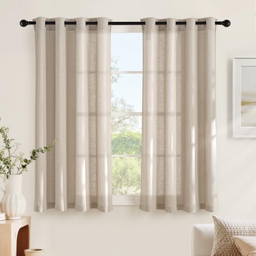 NICETOWN Short Linen Curtains with Eyelets for Living Room, Set of 2, H 160 x W 140 cm, Lamb Brown, Linen Look Eyelet Curtain, Boho Curtain, Semi-Transparent Bedroom
