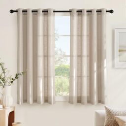 NICETOWN Short Linen Curtains with Eyelets for Living Room, Set of 2, H 160 x W 140 cm, Lamb Brown, Linen Look Eyelet Curtain, Boho Curtain, Semi-Transparent Bedroom