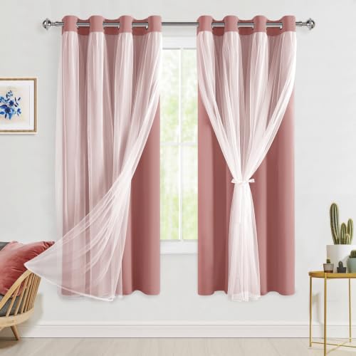 Hiasan Blackout Curtains with Sheer Overlay, Thermal Insulated Privacy Mix & Match Double Layer Window Curtains for Girls Bedroom, Living Room, 2 Drape Panels with Tiebacks,Dusty Rose, 52W X 63L
