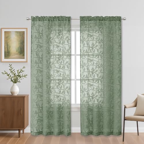 OVZME Anji Clip Voile Sheer Curtains RD 2X52X84 Sage Green