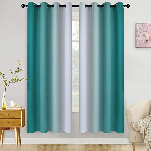 COSVIYA Grommet Ombre Room Darkening Curtains 72 inch Length 2 Panels, Teal and Grayish White Gradient Drapes Light Blocking Insulated Thermal Window Curtains for Bedroom/Living Room,52x72 inches