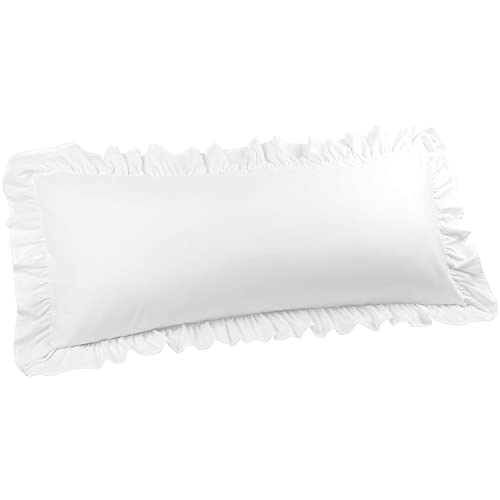 "PiccoCasa Soft Microfiber Plain Bolster Pillowcase with Decorative Ruffle and Envelope Closure Full Body Pillow Case Cover White 20""x55"" (4ft 6in)"
