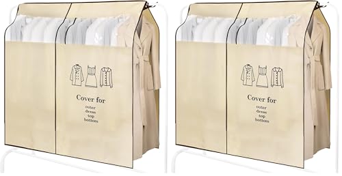 OTraki Garment Covers Long 120 x 150 cm (47 x 59 inch) for Clothes Dustproof Breathable Suit Protector with Transparent Window Clothes Rail Cover 4ft for Coat Long Dresses Home Bedroom, Beige