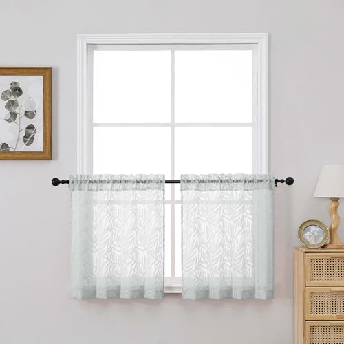 OVZME Short Light Grey Sheer Curtains 24 inch Length 2 Panels Set, Textured Soft Airy Elegant Leaf Jacquard Kitchen Curtains Tier for Bathroom Bedroom Living Room Small Windows, 2x30Wx24L Inches