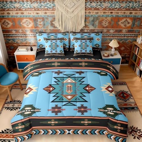Erosebridal Western Bed in a Bag Queen Comforter Set 7-Piece - Southwest Native Geometric Bedding Sets Exotic Nordic Style Aztec Comforter and Sheet Set, Sriped Diamond Triangle Room Decor,Cyan