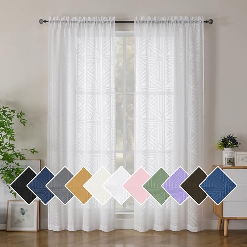 Simplebrand Semi Sheer White Curtains 84 Inches Long 2 Panels, Light Filtering Geometric Jacquard Clip Textured Sheer Curtains for Bedroom???Modern Elegant Window Curtains Drapes???42x84 inch