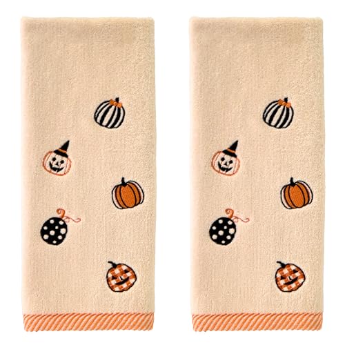 SKL Home Halloween Tossed Pumpkins Hand Towel 2 pc Set for Bath/Kitchen/Bar & Gift